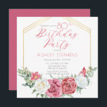 Invitation Élégante rose rose | Gold Frame 80th Birthday Part<br><div class="desc">Fleur rose et blanche élégante et élégante,  vert sage,  vert vert,  design de texte "Anniversaire" avec cadre géométrique de lignes dorées.</div>