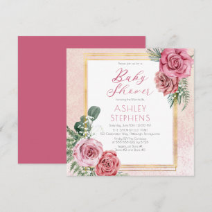 Invitation Élégante rose rose   Gold Frame Girl Baby shower