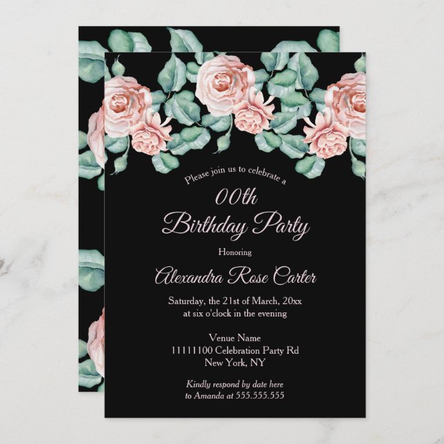 Invitation Élégante rose rose rose rose noir floral fête d'an (Devant / Derrière)