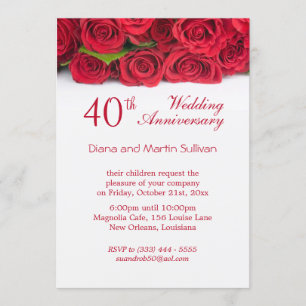 Invitation Élégante rose rouge 40e anniversaire Mariage