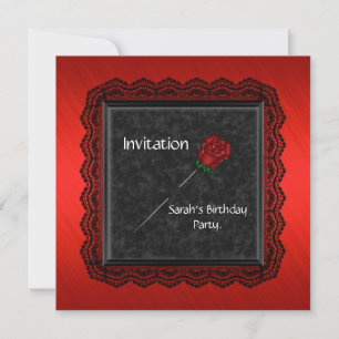 Invitation Élégante Rose Rouge Dentelle Noire