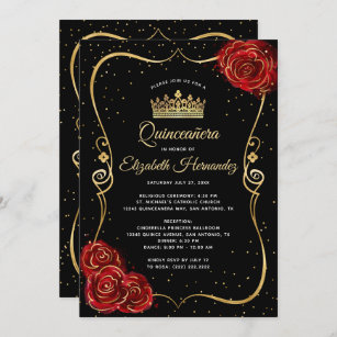 Invitation Élégante Rose rouge noire et Quinceanera or