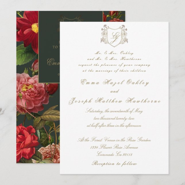 Invitation Élégante rose rouge sur Mariage classique vintage  (Devant / Derrière)