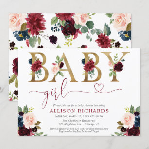 Invitation Elégante rose rousse bordeaux floral fille bébé