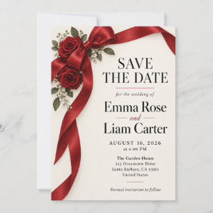 Invitation Élégante Rose Ruban Rouge Save the Date