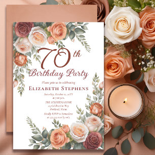 Invitation Élégante Rose Terracotta Florale 70e Anniversaire
