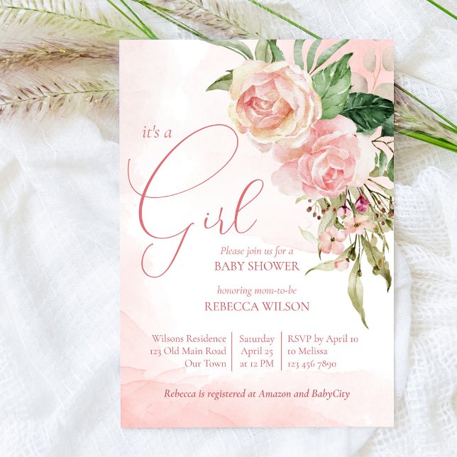Invitation Elégante rose vif roses c'est un baby shower fille (Créateur téléchargé)