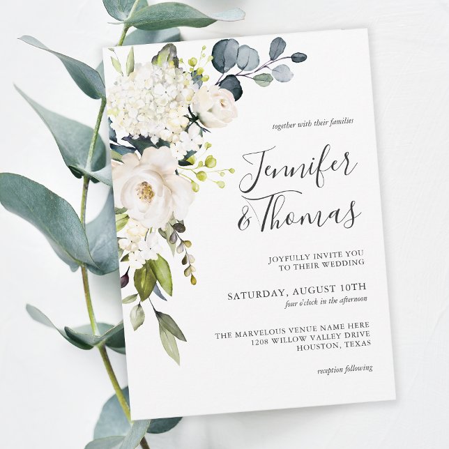 Invitation Elégante Roses Blanches et Hydrangeas Mariage Flor (Créateur téléchargé)