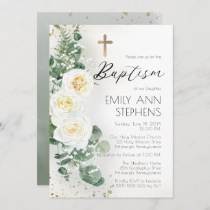Invitation Élégante Roses Blanches Eucalyptus Floral Girl Bap