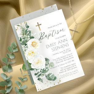 Invitation Élégante Roses Blanches Eucalyptus Floral Girl Bap