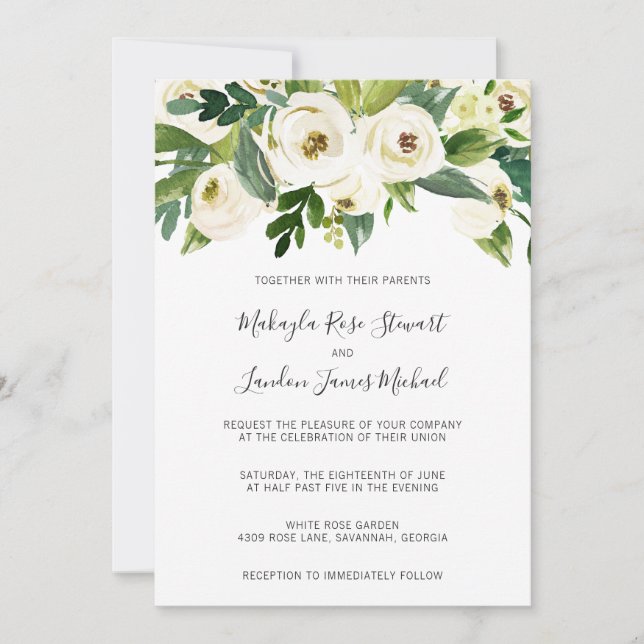 Invitation Elégante Roses Blanches Verdure Mariage Floral (Devant)