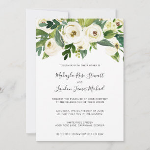 Invitation Elégante Roses Blanches Verdure Mariage Floral