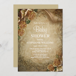 Invitation Elégante Roses Or & Damask Baby Douche
