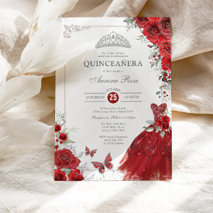 Invitation Elégante Roses Rouge Argent Quinceañera Princesse