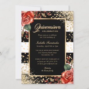 Invitation Elégante Roses Rouges Noir Or Confetti Quinceañera