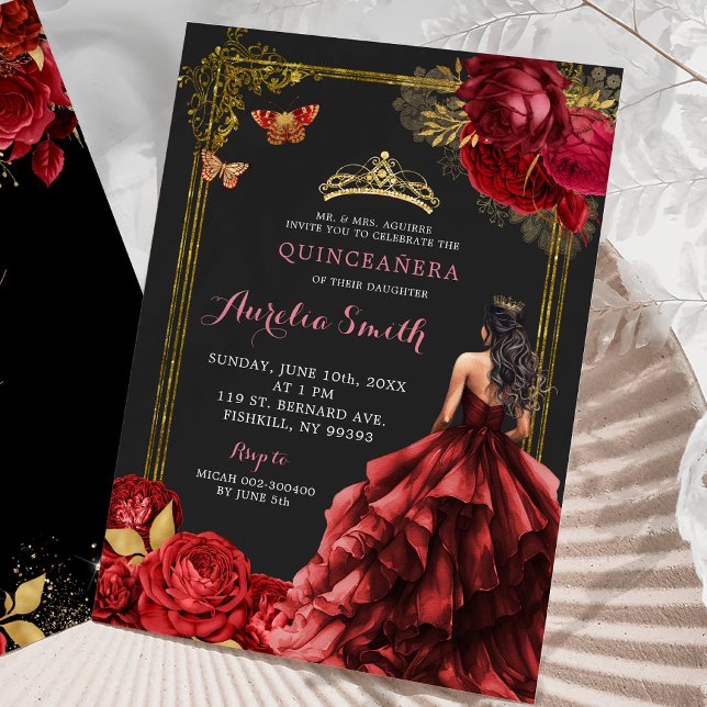 Invitation Elégante Roses rouges or Royal Quinceañera (Créateur téléchargé)