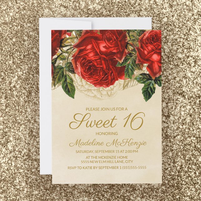 Invitation Elégante Roses Rouges Tan Sweet 16 Anniversaire (Créateur téléchargé)