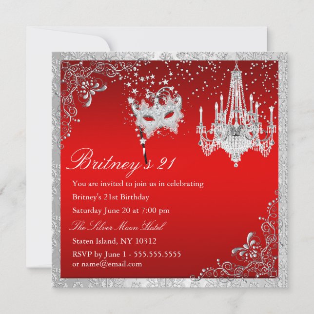 Invitation élégante rouge et argent pour un 21e an (Devant)