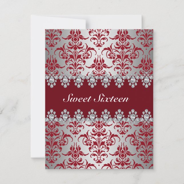 Invitation élégante rouge et argentée Damask pour  (Devant)
