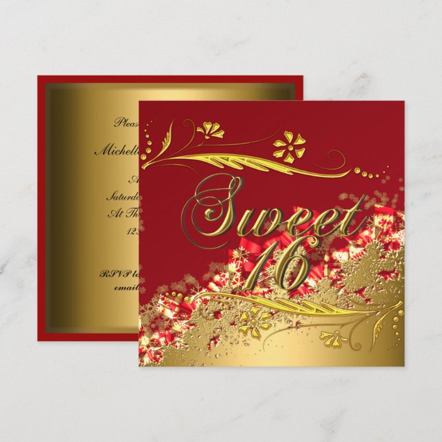 Invitation élégante rouge or pour 16 ans (Devant / Derrière)