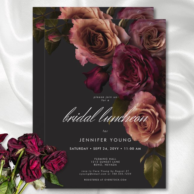 Invitation Élégante rouille Moody & Burgundy Floral Bridal Lu (Elegant Moody Rust & Burgundy Floral Bridal Lunch Invitation)