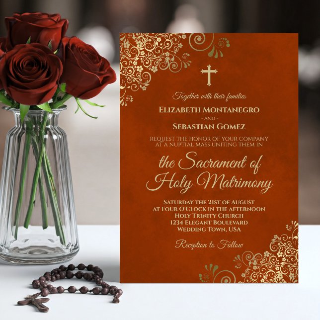 Invitation Elégante rouille Orange & Or Mariage catholique mo (Créateur téléchargé)