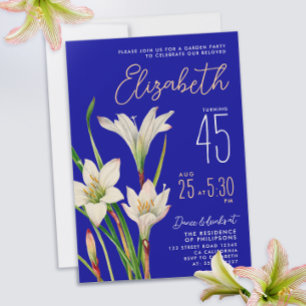 Invitation Élégante Royal Bleu Blanc Lily Flower Femme Annive