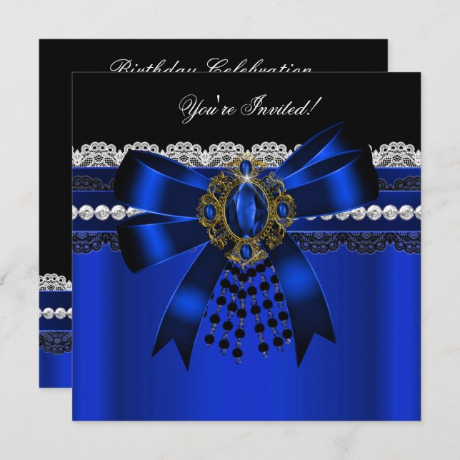Invitation Elégante Royal Blue Black Diamond Gold Lace Party  (Devant / Derrière)