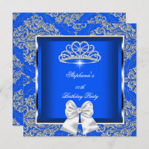 Invitation Elégante Royal Blue Damask Silver Birthday Party