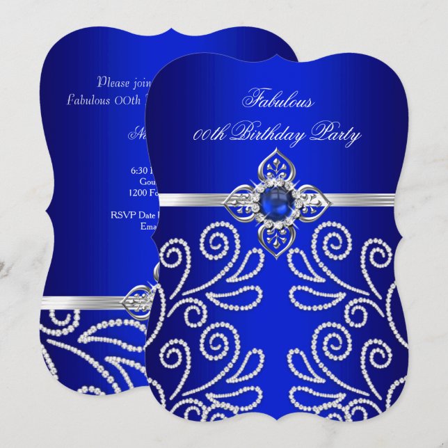 Invitation Elégante Royal Blue Diamond Pearl Party d'annivers (Devant / Derrière)