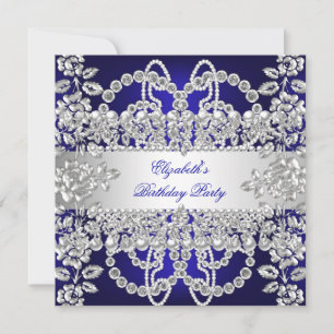 Invitation Elégante Royal Blue Diamonds Silver Birthday Party