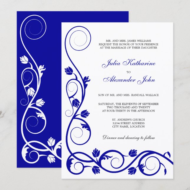Invitation Elégante Royal Blue et White Swirls (Devant / Derrière)