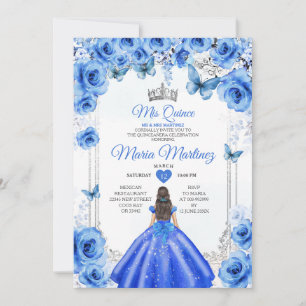 Invitation Elégante Royal Blue Floral Princess Mis Quince