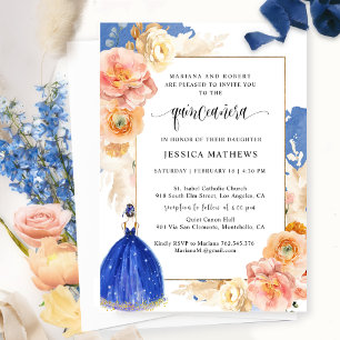 Invitation Elégante Royal Blue Floral Princesse Quinceañera