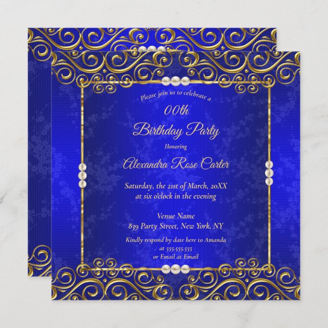 Invitation Elégante Royal Blue Gold Cream Pearl fête d'annive (Devant / Derrière)