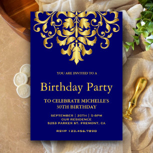 Invitation Elégante Royal Blue Gold Damask fête d'anniversair