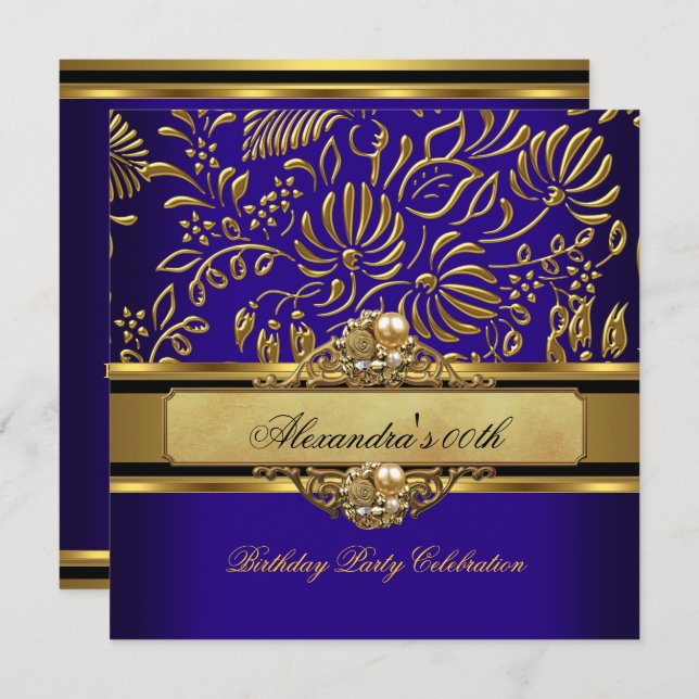 Invitation Elégante Royal Blue Gold Damask Pearl Party (Devant / Derrière)