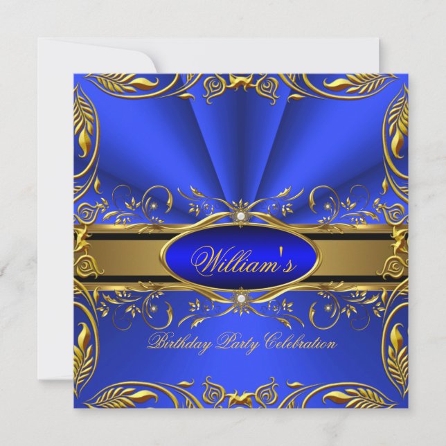 Invitation Elégante Royal Blue Gold fête d'anniversaire Flora (Devant)