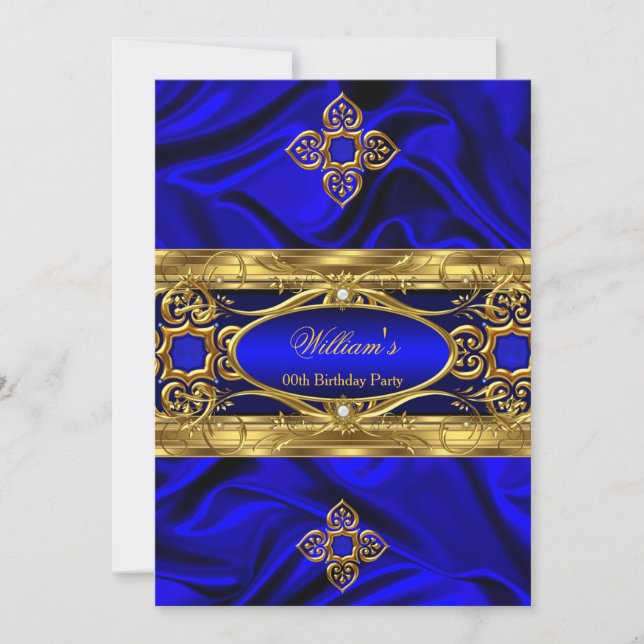 Invitation Elégante Royal Blue Gold Gems Soie Anniversaire 3 (Devant)