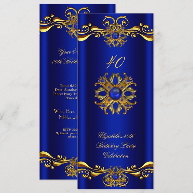 Invitation Elégante Royal Blue Jewel Gold Birthday Party 3 (Devant / Derrière)