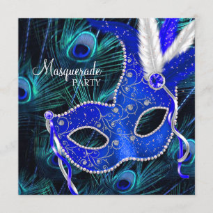 Invitation Elégante Royal Blue Peacock Masquerade Party
