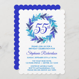 Invitation Élégante Royal Blue Wreath 55e fête d'anniversaire
