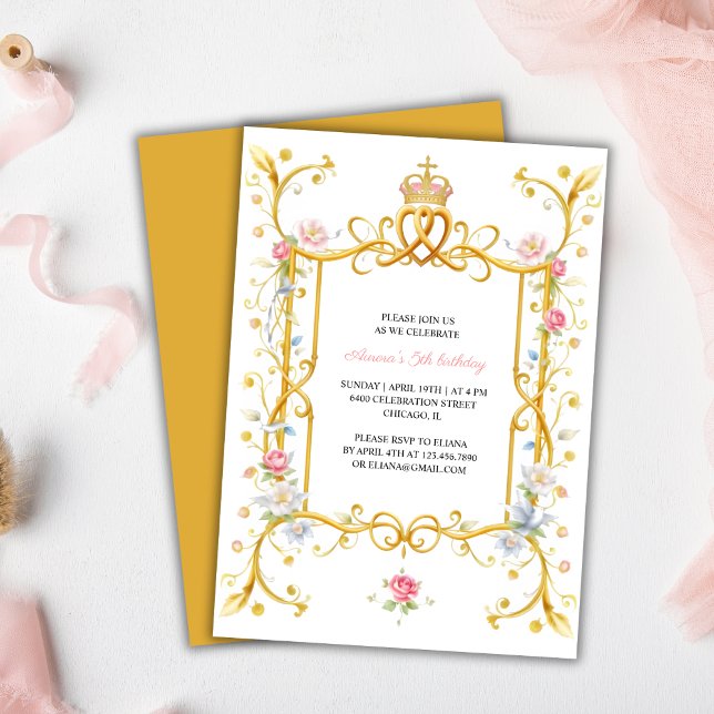 Invitation Elégante Royal Princess Girl 5e fête d'anniversair (Elegant Royal Princess Girl 5th Birthday Party Invitation)
