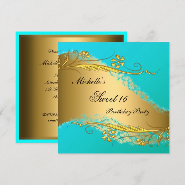 Invitation élégante sarcelle or pour 16 ans douce (Devant / Derrière)