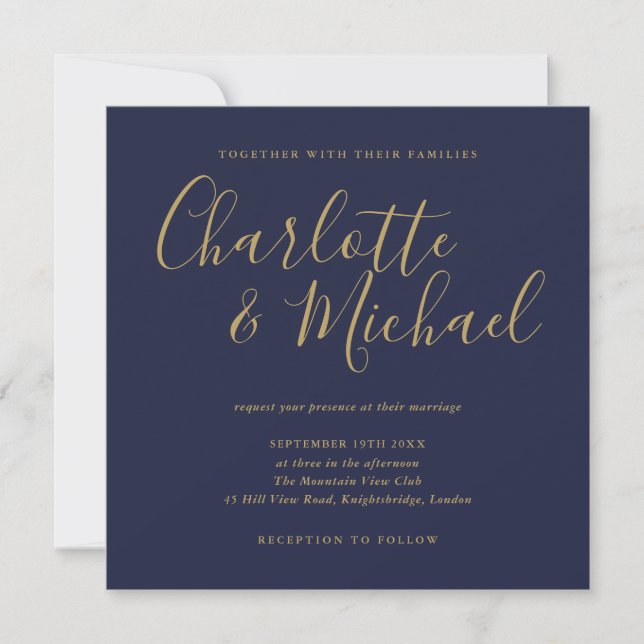 Invitation Élégante Signature Script Bleu Nuit Or Mariage (Devant)