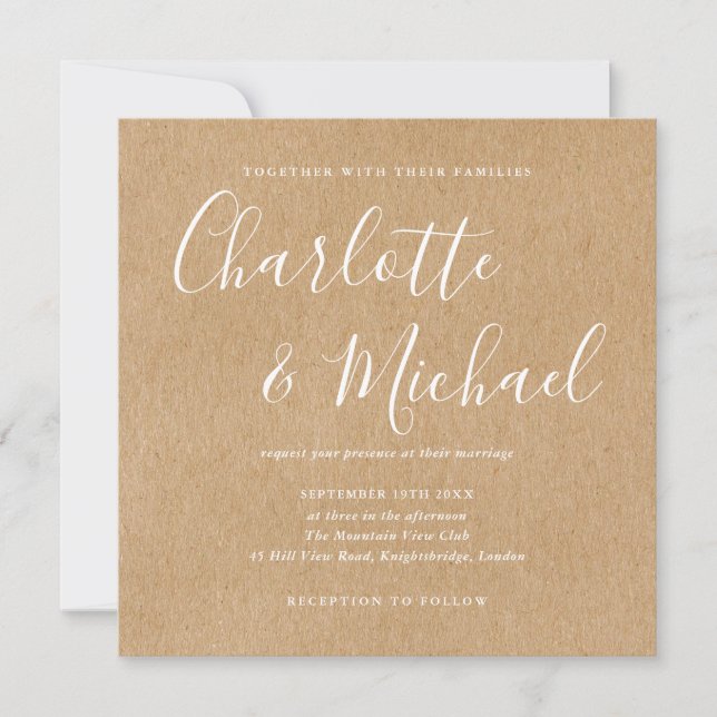 Invitation Élégante signature script mariage rustique Kraft (Devant)