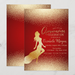 Invitation Élégante silhouette de fille en or, confettis Quin