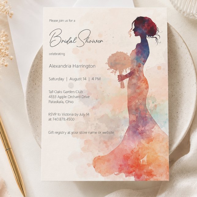 Invitation Élégante silhouette de mariée à l'aquarelle Shower (Créateur téléchargé)