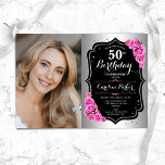Invitation Elégante Silver Black Pink Photo 50e anniversaire<br><div class="desc">Elégante invitation au 50e anniversaire fleurie féminine avec votre photo. Design de glam avec faux argent. Comprend des roses roses roses, des caractères de script et des confettis. Parfait pour une fête anniversaire adulte élégante. Personnalisez avec vos propres détails. Peut être customisé pour n'importe quel âge ! Invitations Zazzle imprimées...</div>