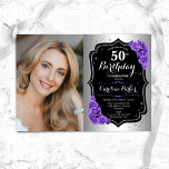 Invitation Elégante Silver Black Purple Photo 50e anniversair<br><div class="desc">Elégante invitation au 50e anniversaire fleurie féminine avec votre photo. Design de glam avec faux argent. Comprend des roses violets, des caractères de script et des confettis. Parfait pour une fête anniversaire adulte élégante. Personnalisez avec vos propres détails. Peut être customisé pour n'importe quel âge ! Invitations Zazzle imprimées ou...</div>